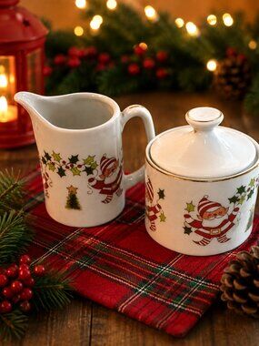 Vintage George Good Christmas Cream & Sugar Set Porcelain Elves Santa Japan